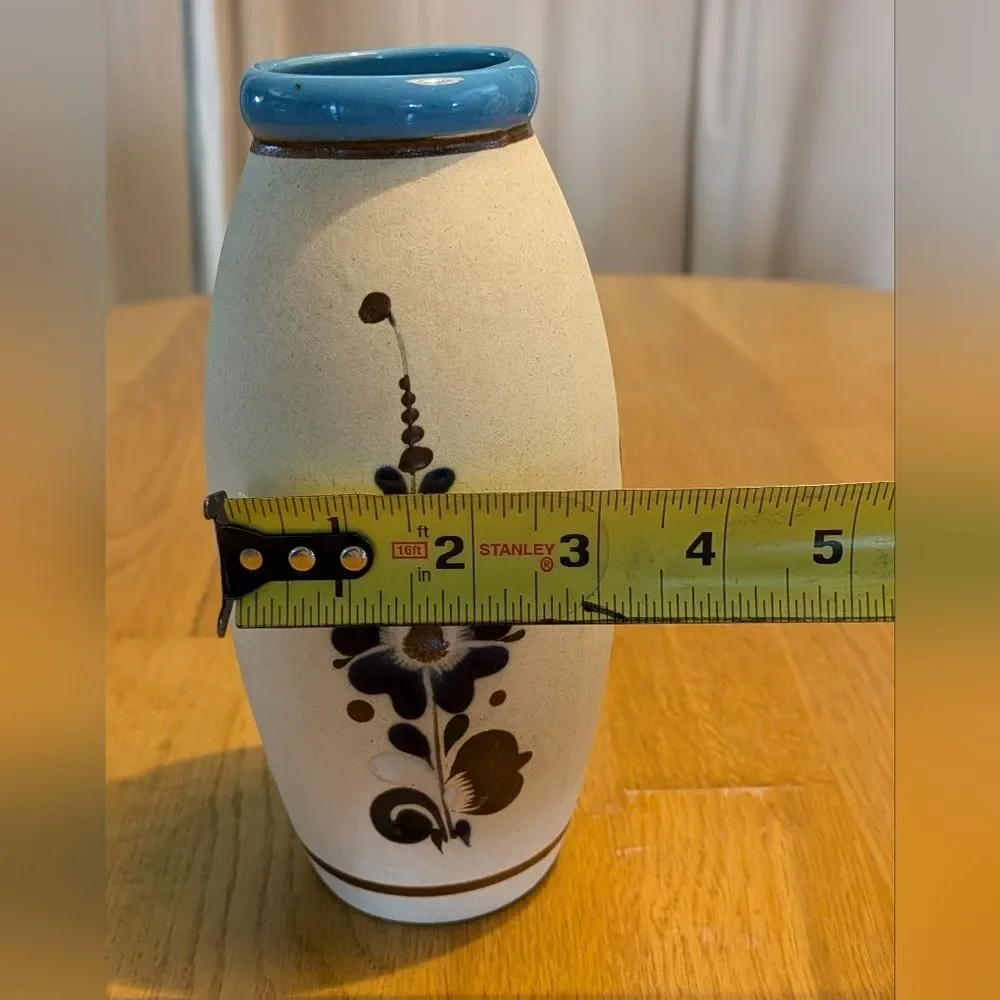 Vintage Tonala Sandstone Mexican Pottery Vase Flowers Floral Blue Brown Signed